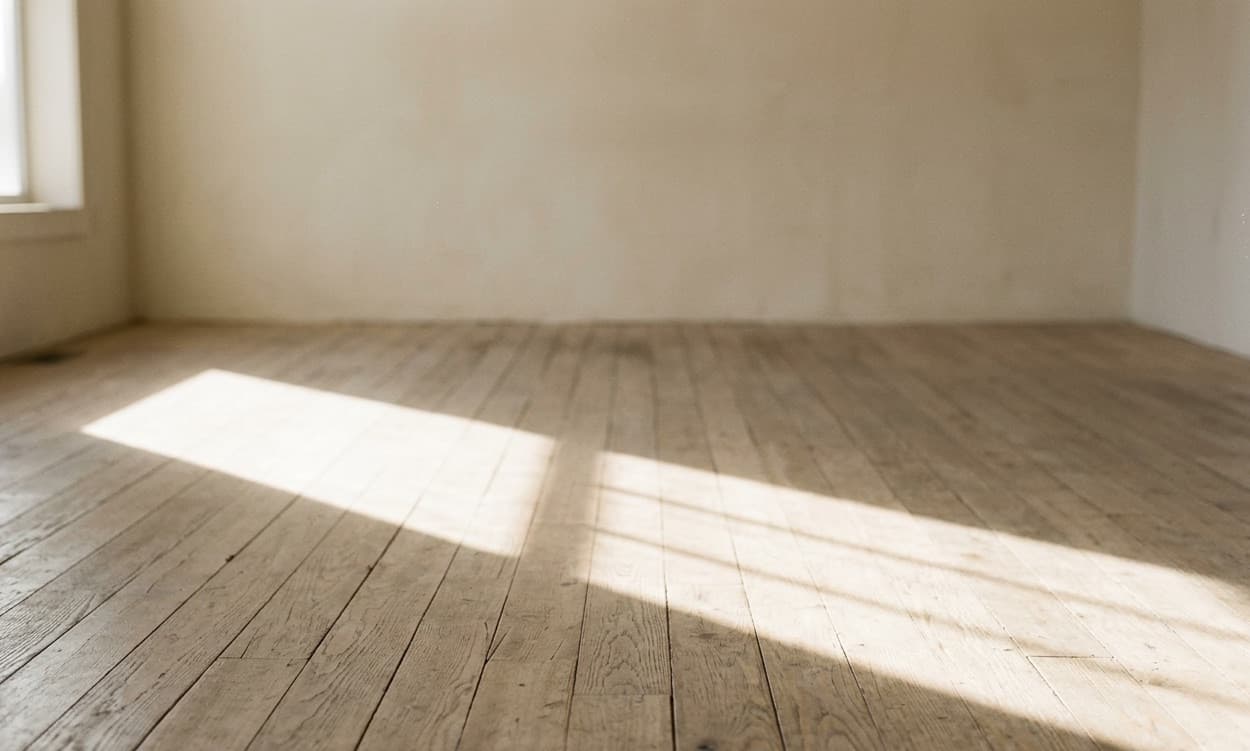 Morning light falling across the bare wooden floorboards of an empty room