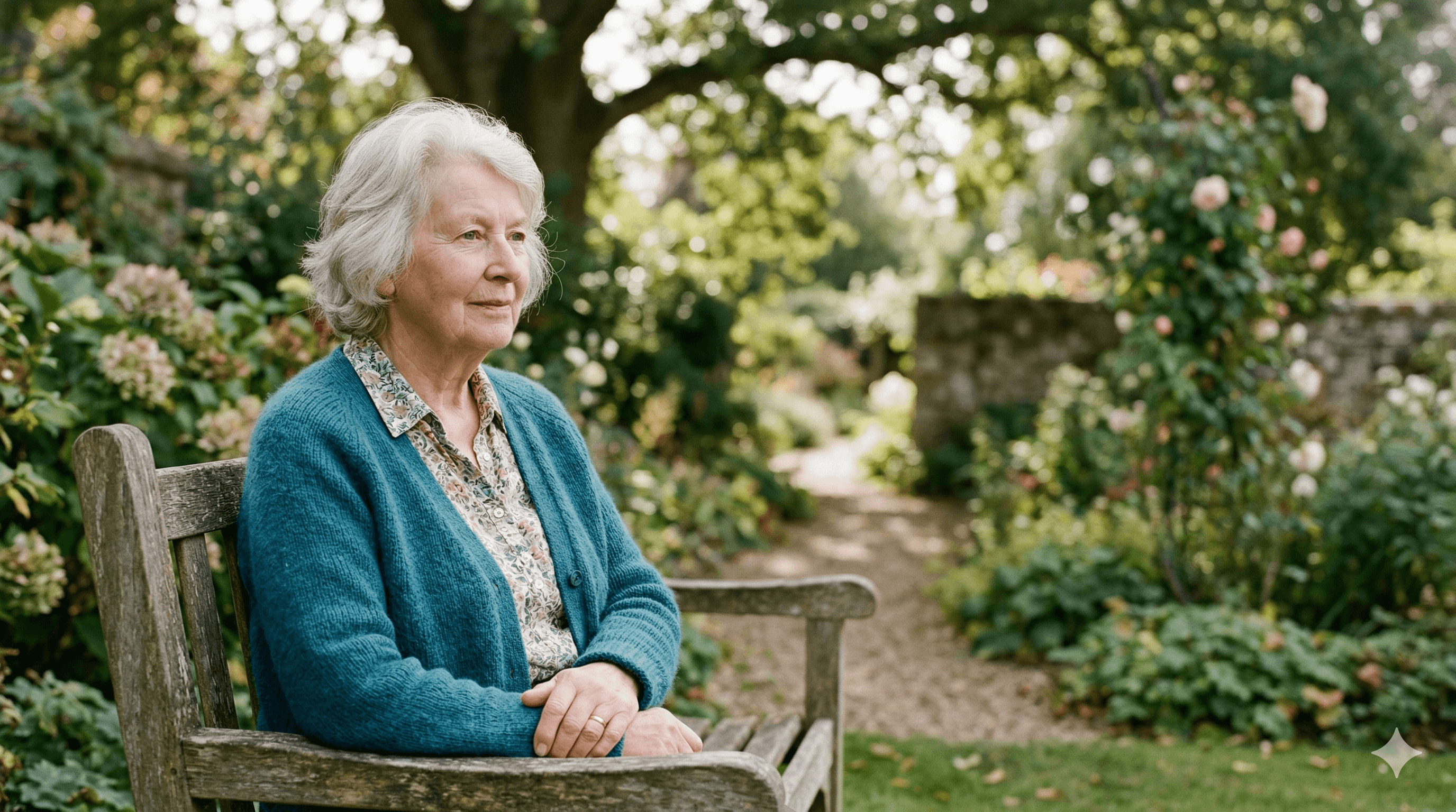 Margaret Holloway, an older woman with grey hair in a blue cardigan, sitting on a wooden bench in a garden