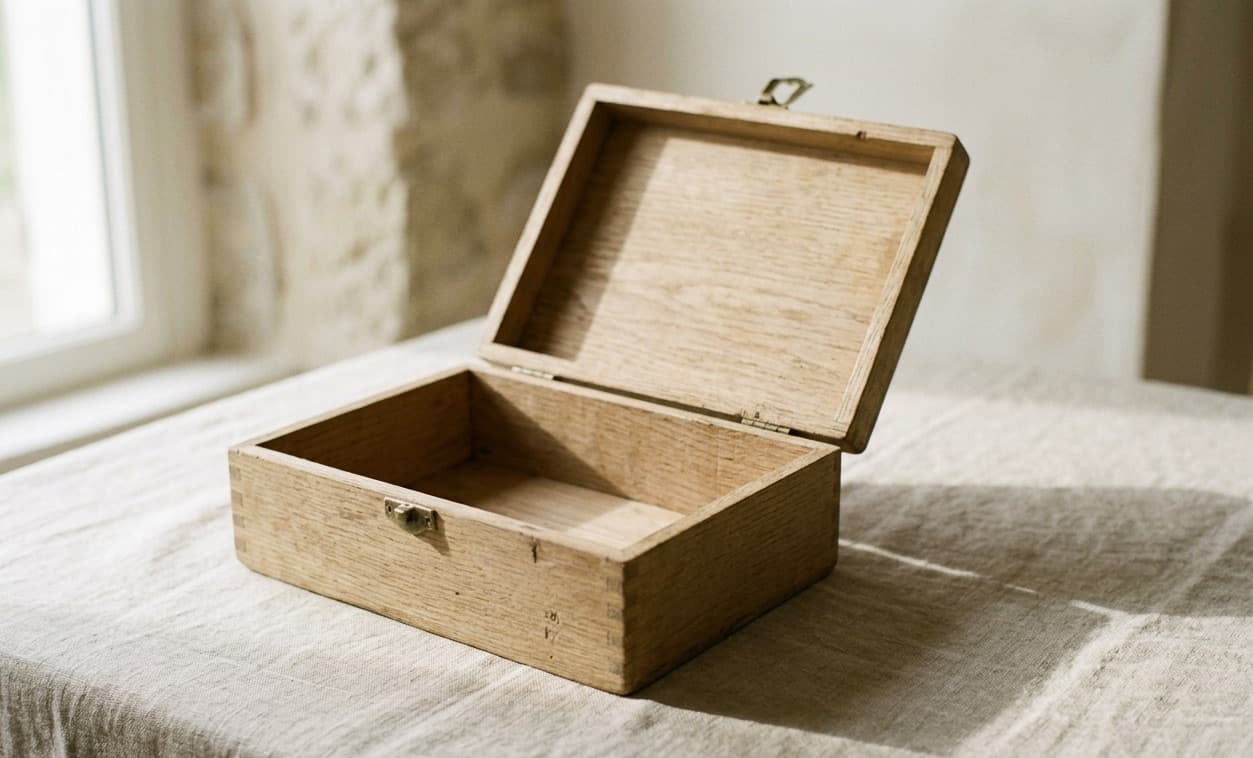 An open wooden keepsake box on pale linen in soft daylight
